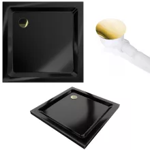 HD Elio+ Gold 80x80 szögletes két tolóajtós zuhanykabin fekete slim zuhanytálcával és arany szifonnal, arany elemekkel, 190 cm magas