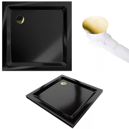 HD Elio+ Gold 80x80 szögletes két tolóajtós zuhanykabin fekete slim zuhanytálcával és arany szifonnal, arany elemekkel, 190 cm magas