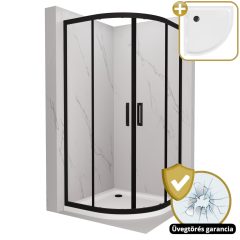   HD Elio Black 80x80 íves két tolóajtós zuhanykabin fehér slim zuhanytálcával és fekete szifonnal, fekete elemekkel, 190 cm magas