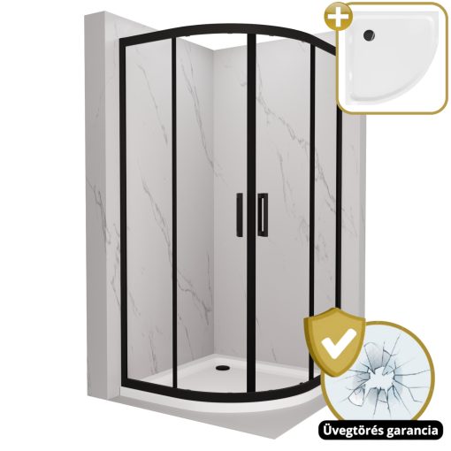 HD Elio Black 90x90 íves két tolóajtós zuhanykabin fehér slim zuhanytálcával és fekete szifonnal, fekete elemekkel, 190 cm magas