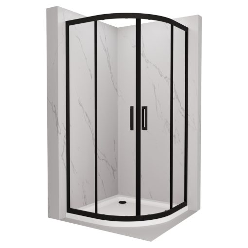 HD Elio Black 90x90 íves két tolóajtós zuhanykabin fehér slim zuhanytálcával és fekete szifonnal, fekete elemekkel, 190 cm magas