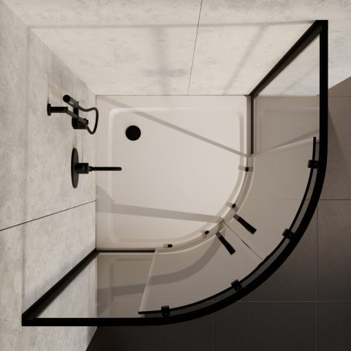 HD Elio Black 90x90 íves két tolóajtós zuhanykabin fehér slim zuhanytálcával és fekete szifonnal, fekete elemekkel, 190 cm magas