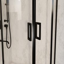 HD Elio Black 90x90 íves két tolóajtós zuhanykabin fehér slim zuhanytálcával és fekete szifonnal, fekete elemekkel, 190 cm magas