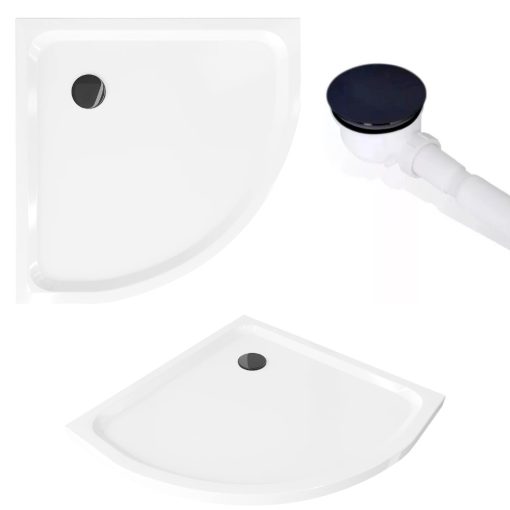 HD Elio Black 90x90 íves két tolóajtós zuhanykabin fehér slim zuhanytálcával és fekete szifonnal, fekete elemekkel, 190 cm magas