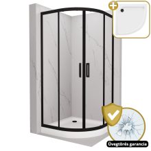 HD Elio Black 80x80 íves két tolóajtós zuhanykabin fehér magas zuhanytálcával és fekete szifonnal, fekete elemekkel, 190 cm magas