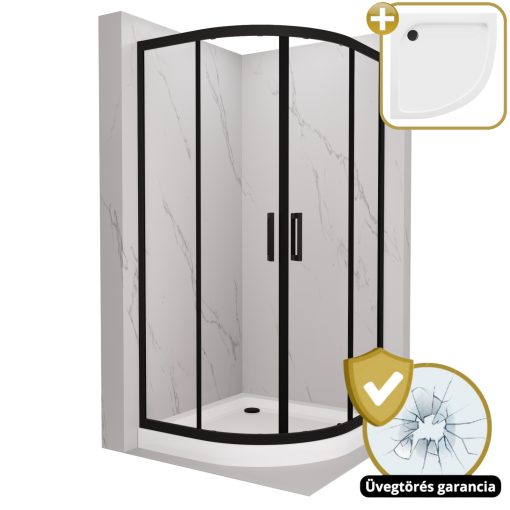 HD Elio Black 80x80 íves két tolóajtós zuhanykabin fehér magas zuhanytálcával és fekete szifonnal, fekete elemekkel, 190 cm magas
