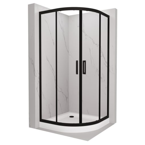 HD Elio Black 80x80 íves két tolóajtós zuhanykabin fehér magas zuhanytálcával és fekete szifonnal, fekete elemekkel, 190 cm magas