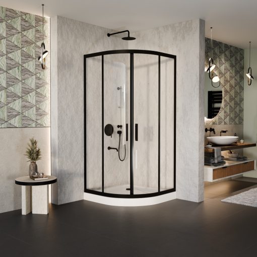 HD Elio Black 80x80 íves két tolóajtós zuhanykabin fehér magas zuhanytálcával és fekete szifonnal, fekete elemekkel, 190 cm magas