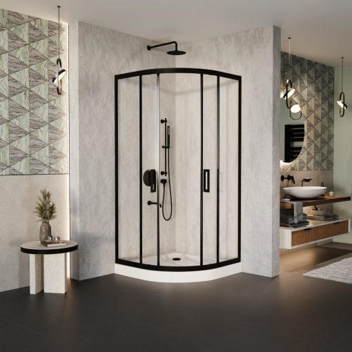 HD Elio Black 80x80 íves két tolóajtós zuhanykabin fehér magas zuhanytálcával és fekete szifonnal, fekete elemekkel, 190 cm magas