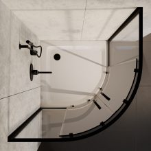 HD Elio Black 80x80 íves két tolóajtós zuhanykabin fehér magas zuhanytálcával és fekete szifonnal, fekete elemekkel, 190 cm magas