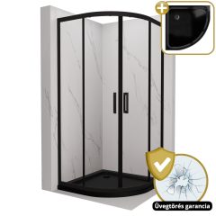   HD Elio Black 80x80 íves két tolóajtós zuhanykabin fekete slim zuhanytálcával és fekete szifonnal, fekete elemekkel, 190 cm magas
