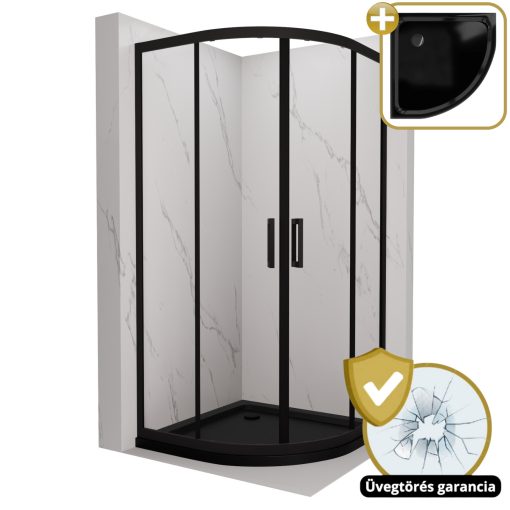HD Elio Black 90x90 íves két tolóajtós zuhanykabin fekete slim zuhanytálcával és fekete szifonnal, fekete elemekkel, 190 cm magas