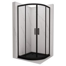 HD Elio Black 90x90 íves két tolóajtós zuhanykabin fekete slim zuhanytálcával és fekete szifonnal, fekete elemekkel, 190 cm magas