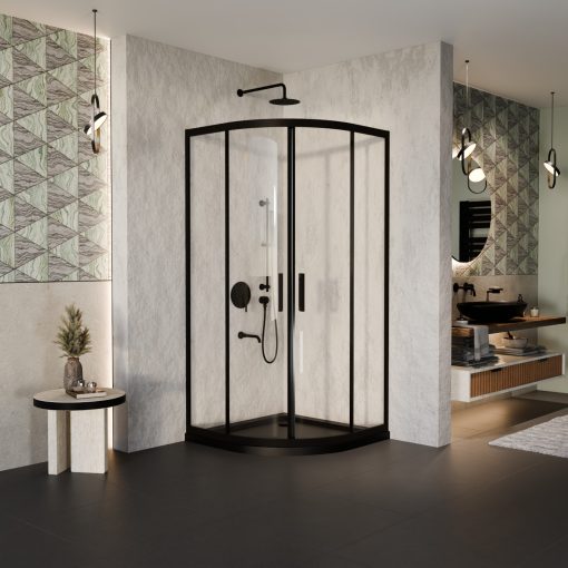 HD Elio Black 90x90 íves két tolóajtós zuhanykabin fekete slim zuhanytálcával és fekete szifonnal, fekete elemekkel, 190 cm magas