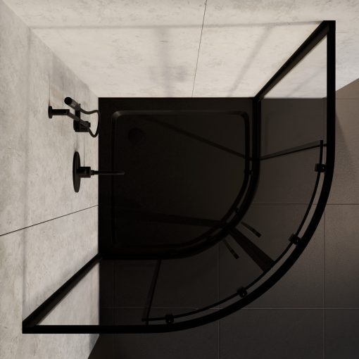 HD Elio Black 90x90 íves két tolóajtós zuhanykabin fekete slim zuhanytálcával és fekete szifonnal, fekete elemekkel, 190 cm magas