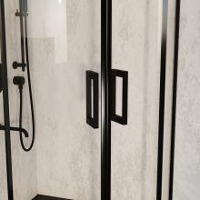 HD Elio Black 90x90 íves két tolóajtós zuhanykabin fekete slim zuhanytálcával és fekete szifonnal, fekete elemekkel, 190 cm magas