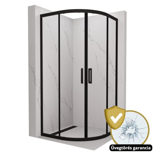 HD Elio Black 90x90 íves két tolóajtós zuhanykabin 6 mm vastag vízlepergető biztonsági üveggel, fekete elemekkel, 190 cm magas
