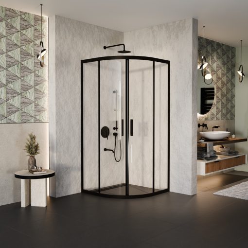 HD Elio Black 90x90 íves két tolóajtós zuhanykabin 6 mm vastag vízlepergető biztonsági üveggel, fekete elemekkel, 190 cm magas
