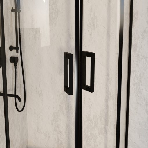 HD Elio Black 90x90 íves két tolóajtós zuhanykabin 6 mm vastag vízlepergető biztonsági üveggel, fekete elemekkel, 190 cm magas