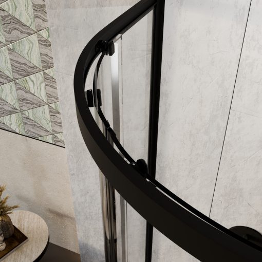 HD Elio Black 90x90 íves két tolóajtós zuhanykabin 6 mm vastag vízlepergető biztonsági üveggel, fekete elemekkel, 190 cm magas