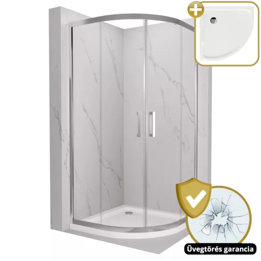 HD Elio 90x90 íves két tolóajtós zuhanykabin fehér slim zuhanytálcával és króm szifonnal, krómozott elemekkel, 190 cm magas