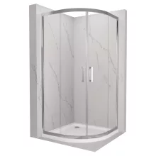 HD Elio 90x90 íves két tolóajtós zuhanykabin fehér slim zuhanytálcával és króm szifonnal, krómozott elemekkel, 190 cm magas