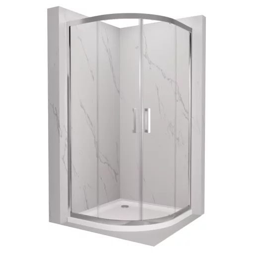 HD Elio 90x90 íves két tolóajtós zuhanykabin fehér slim zuhanytálcával és króm szifonnal, krómozott elemekkel, 190 cm magas