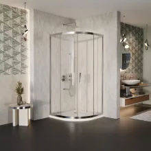 HD Elio 90x90 íves két tolóajtós zuhanykabin fehér slim zuhanytálcával és króm szifonnal, krómozott elemekkel, 190 cm magas