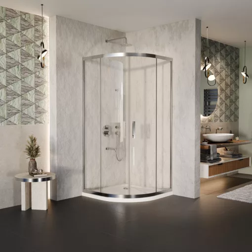 HD Elio 90x90 íves két tolóajtós zuhanykabin fehér slim zuhanytálcával és króm szifonnal, krómozott elemekkel, 190 cm magas