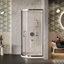 HD Elio 90x90 íves két tolóajtós zuhanykabin fehér slim zuhanytálcával és króm szifonnal, krómozott elemekkel, 190 cm magas