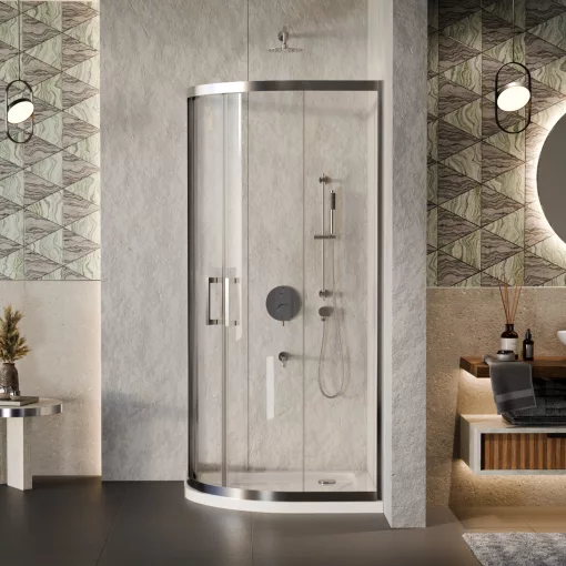 HD Elio 90x90 íves két tolóajtós zuhanykabin fehér slim zuhanytálcával és króm szifonnal, krómozott elemekkel, 190 cm magas