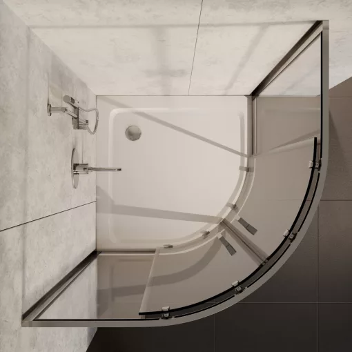 HD Elio 90x90 íves két tolóajtós zuhanykabin fehér slim zuhanytálcával és króm szifonnal, krómozott elemekkel, 190 cm magas