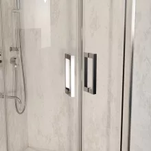 HD Elio 90x90 íves két tolóajtós zuhanykabin fehér slim zuhanytálcával és króm szifonnal, krómozott elemekkel, 190 cm magas