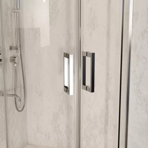 HD Elio 90x90 íves két tolóajtós zuhanykabin fehér slim zuhanytálcával és króm szifonnal, krómozott elemekkel, 190 cm magas