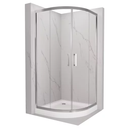 HD Elio 90x90 íves két tolóajtós zuhanykabin fehér magas zuhanytálcával és króm szifonnal, krómozott elemekkel, 190 cm magas