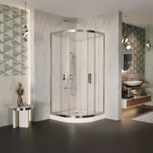 HD Elio 90x90 íves két tolóajtós zuhanykabin fehér magas zuhanytálcával és króm szifonnal, krómozott elemekkel, 190 cm magas