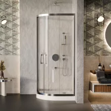 HD Elio 90x90 íves két tolóajtós zuhanykabin fehér magas zuhanytálcával és króm szifonnal, krómozott elemekkel, 190 cm magas