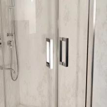 HD Elio 90x90 íves két tolóajtós zuhanykabin fehér magas zuhanytálcával és króm szifonnal, krómozott elemekkel, 190 cm magas