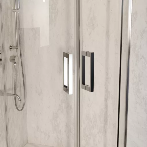 HD Elio 90x90 íves két tolóajtós zuhanykabin fehér magas zuhanytálcával és króm szifonnal, krómozott elemekkel, 190 cm magas