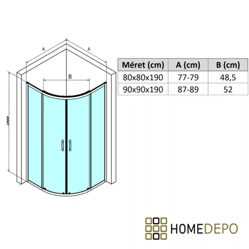 HD Elio 90x90 íves két tolóajtós zuhanykabin fehér magas zuhanytálcával és króm szifonnal, krómozott elemekkel, 190 cm magas