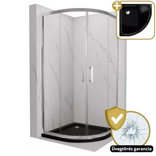 HD Elio 80x80 íves két tolóajtós zuhanykabin fekete slim zuhanytálcával és króm szifonnal, krómozott elemekkel, 190 cm magas