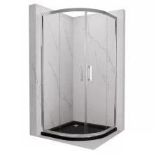 HD Elio 80x80 íves két tolóajtós zuhanykabin fekete slim zuhanytálcával és króm szifonnal, krómozott elemekkel, 190 cm magas