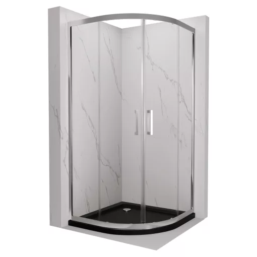 HD Elio 80x80 íves két tolóajtós zuhanykabin fekete slim zuhanytálcával és króm szifonnal, krómozott elemekkel, 190 cm magas