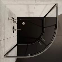 HD Elio 80x80 íves két tolóajtós zuhanykabin fekete slim zuhanytálcával és króm szifonnal, krómozott elemekkel, 190 cm magas