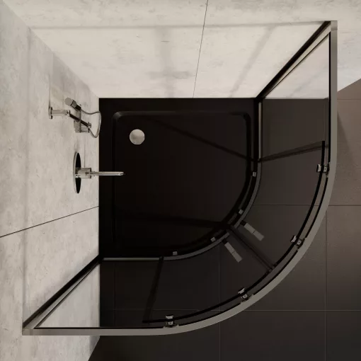 HD Elio 80x80 íves két tolóajtós zuhanykabin fekete slim zuhanytálcával és króm szifonnal, krómozott elemekkel, 190 cm magas