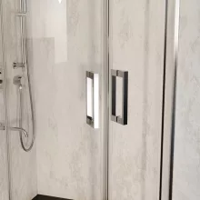 HD Elio 80x80 íves két tolóajtós zuhanykabin fekete slim zuhanytálcával és króm szifonnal, krómozott elemekkel, 190 cm magas