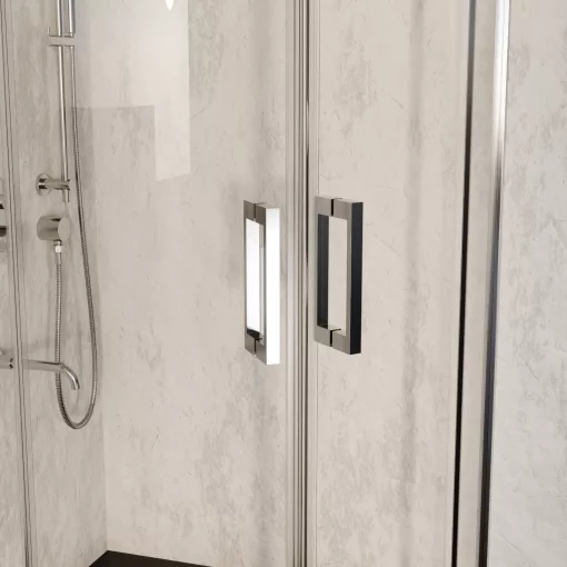 HD Elio 80x80 íves két tolóajtós zuhanykabin fekete slim zuhanytálcával és króm szifonnal, krómozott elemekkel, 190 cm magas