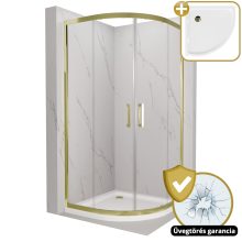 HD Elio Gold 80x80 íves két tolóajtós zuhanykabin fehér slim zuhanytálcával és arany szifonnal, arany elemekkel, 190 cm magas