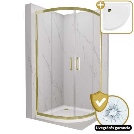HD Elio Gold 80x80 íves két tolóajtós zuhanykabin fehér slim zuhanytálcával és arany szifonnal, arany elemekkel, 190 cm magas