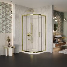 HD Elio Gold 80x80 íves két tolóajtós zuhanykabin fehér slim zuhanytálcával és arany szifonnal, arany elemekkel, 190 cm magas